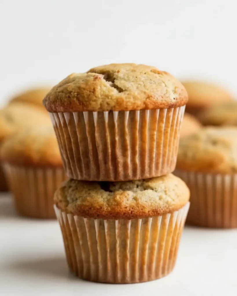 Flat lay of banana bread muffin ingredients including bowls of flour, brown and white sugar, walnuts, cinnamon, butter, milk, and a handwritten recipe card.