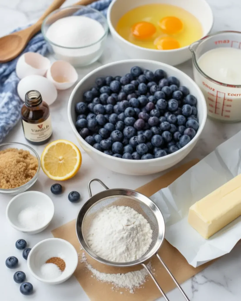 An overhead flat-lay view of baking ingredients for lemon blueberry muffins, including a large white bowl of fresh blueberries, sifted flour, a stick of butter, eggs, milk, sugars, vanilla extract, and a fresh lemon half on a marble countertop.