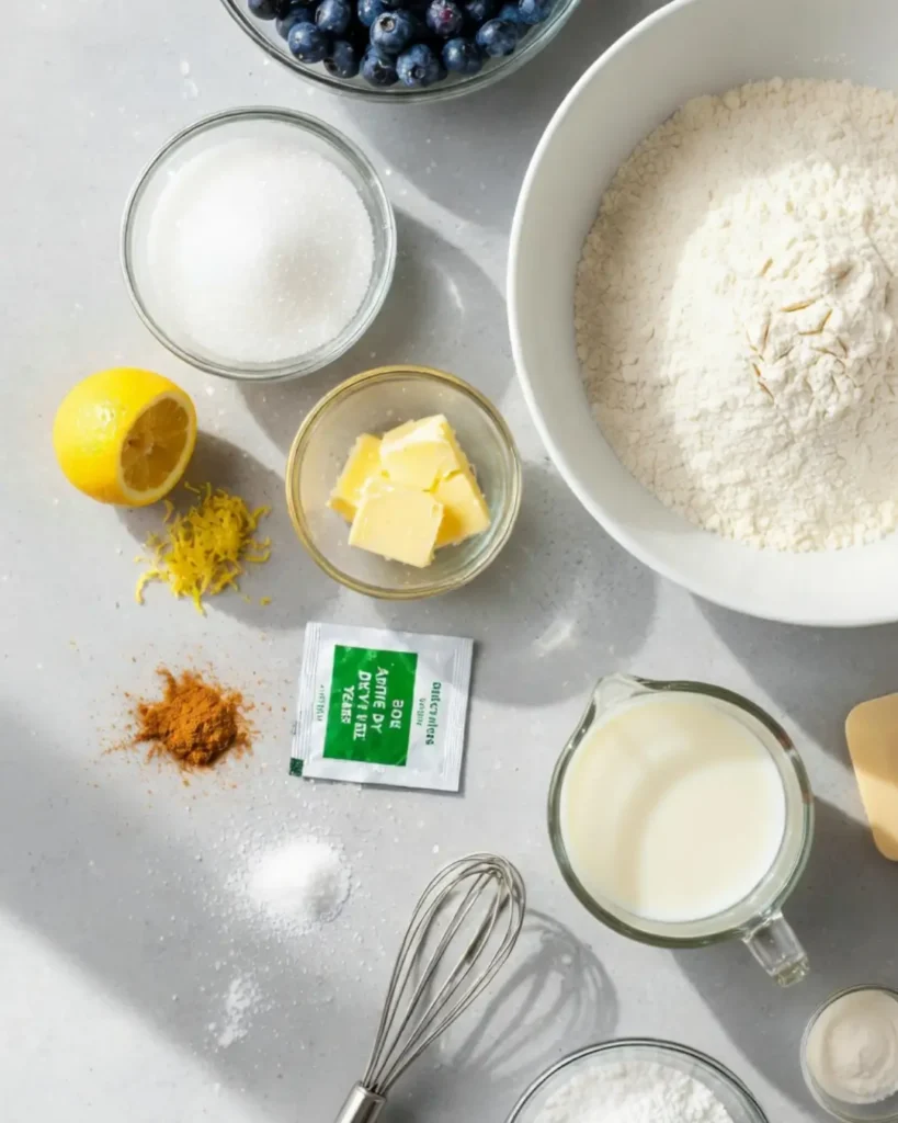 Flat lay of baking ingredients for Huckleberry Cinnamon Rolls, including fresh huckleberries, a bowl of flour, sugar, butter, a halved lemon, cinnamon, yeast, and milk on a grey surface.
