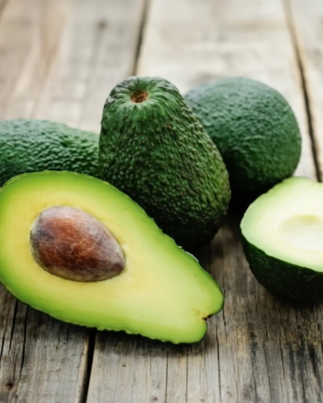 Close-up of fresh whole avocados and one halved avocado with a pit on a wooden table, useful for visualizing portion sizes when counting calories in an avocado.