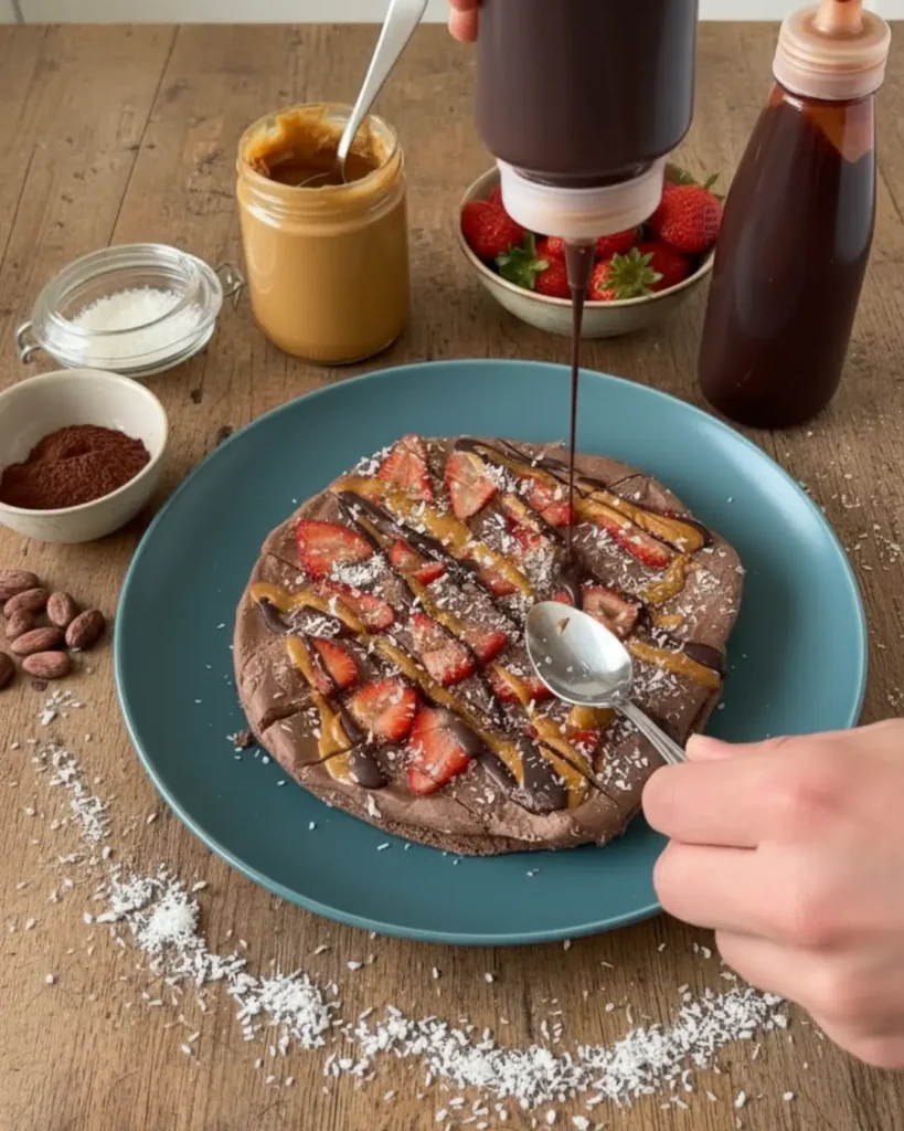 A hand holding a thick, broken piece of chocolate frozen yogurt bark, showing a cross-section of the chocolate yogurt base topped with strawberries and sweet drizzles.