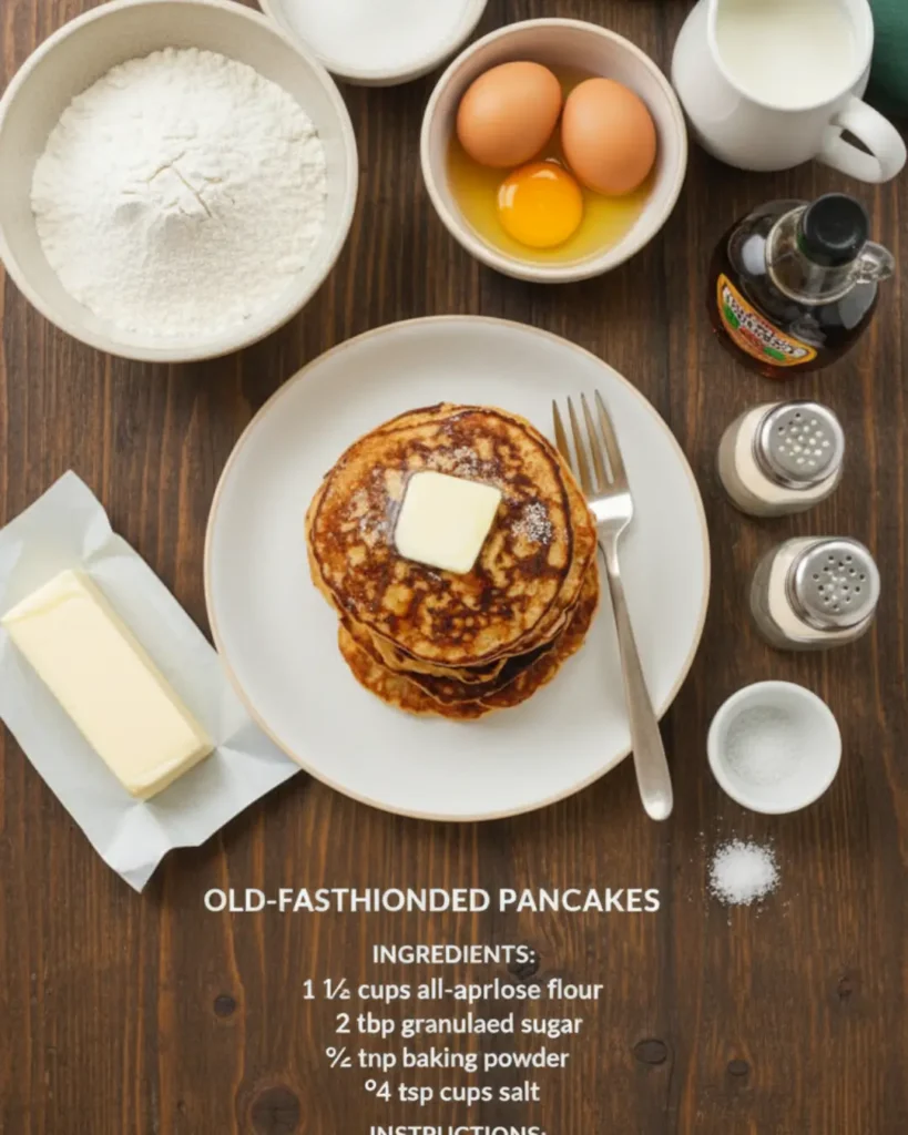 Flat lay of banana pancake recipe ingredients including a bowl of flour, eggs, milk, syrup, and butter surrounding a central plate of finished pancakes on a wooden table.