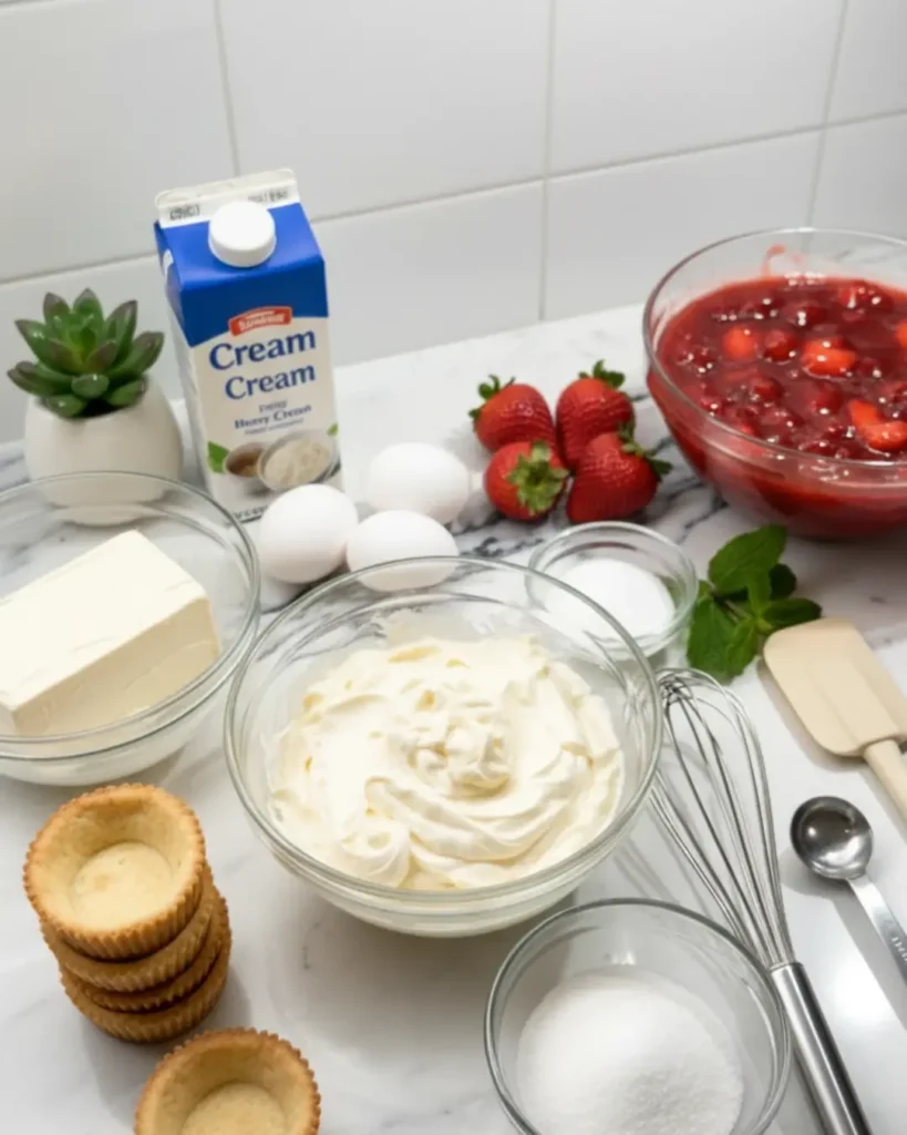 Baking ingredients for a mini strawberry cheesecake arranged on a marble counter, including cream cheese batter, fresh strawberries, heavy cream, eggs, sugar, and mini pie crustsBaking ingredients for a mini strawberry cheesecake arranged on a marble counter, including cream cheese batter, fresh strawberries, heavy cream, eggs, sugar, and mini pie crusts