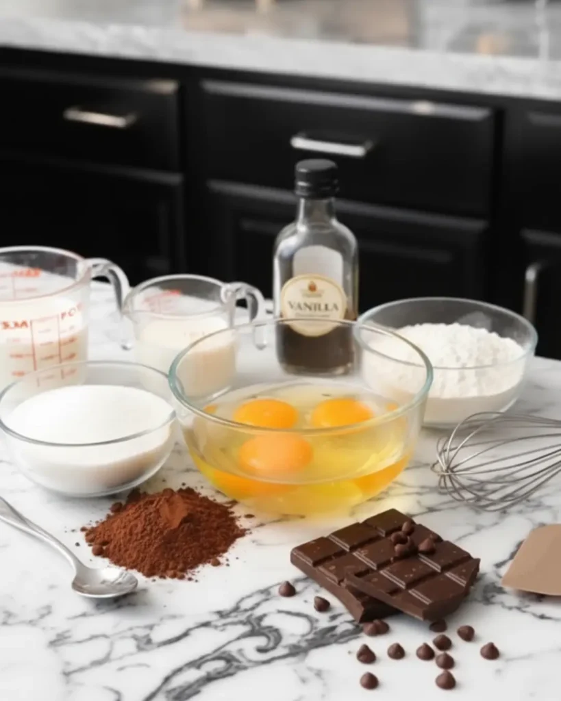 Baking ingredients for a flourless chocolate cake, including eggs, sugar, cocoa powder, and dark chocolate blocks, arranged on a marble counter.