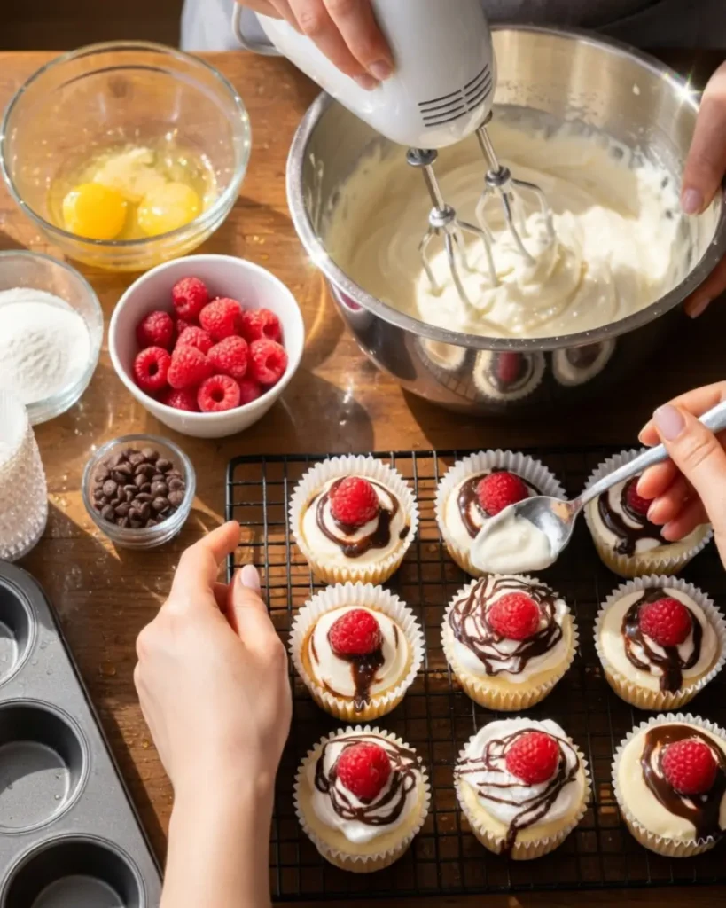 Overhead view of a baker decorating a batch of Brownies Bottom Mini Cheesecakes on a wire rack alongside fresh ingredients and a mixing bowl.