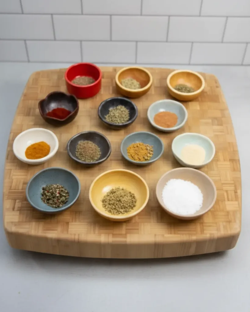 Twelve small, colorful ceramic bowls arranged on a wooden board, each containing a different individual spice used to make a fajita seasoning recipe.