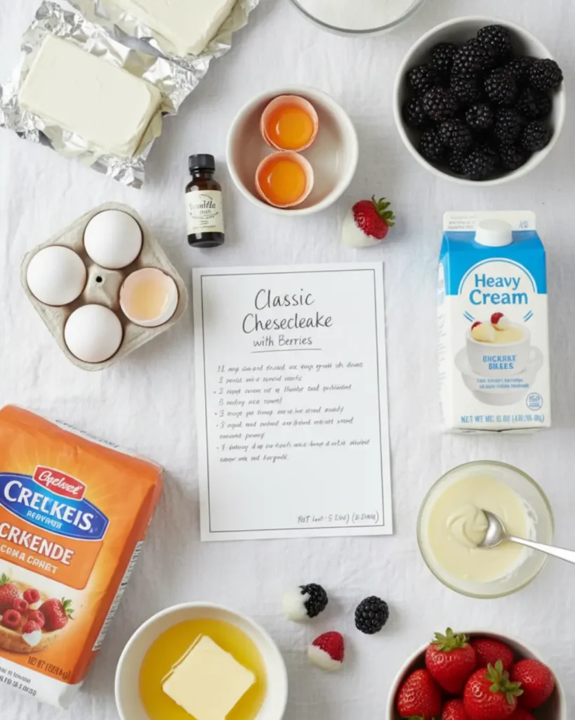 Overhead flat lay of baking ingredients for white chocolate desserts, featuring cream cheese, eggs, fresh berries, heavy cream, crust mix, and melted white chocolate around a recipe card.