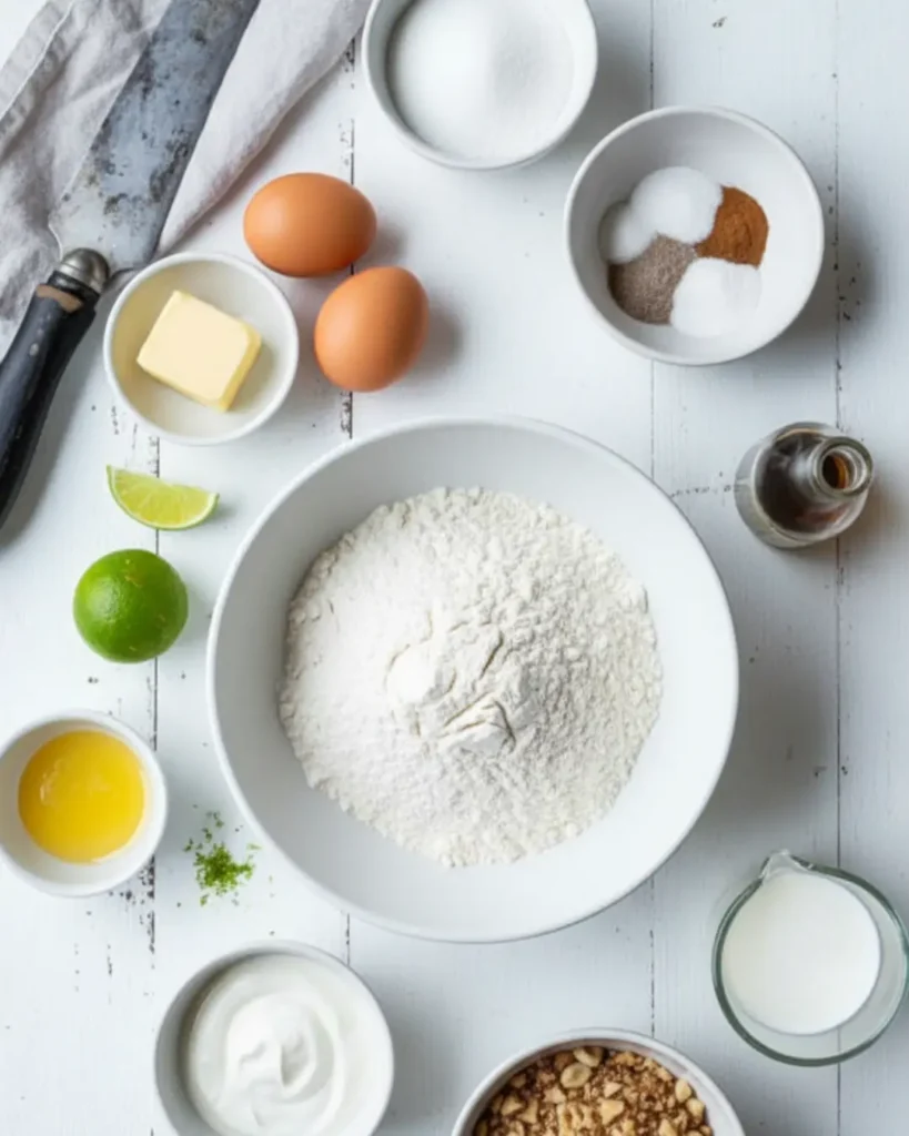 A freshly sliced gluten-free loaf cake with a crumb nut topping resting on a white wooden table beside a vintage knife, perfect for those looking for a gluten free bakery near me.