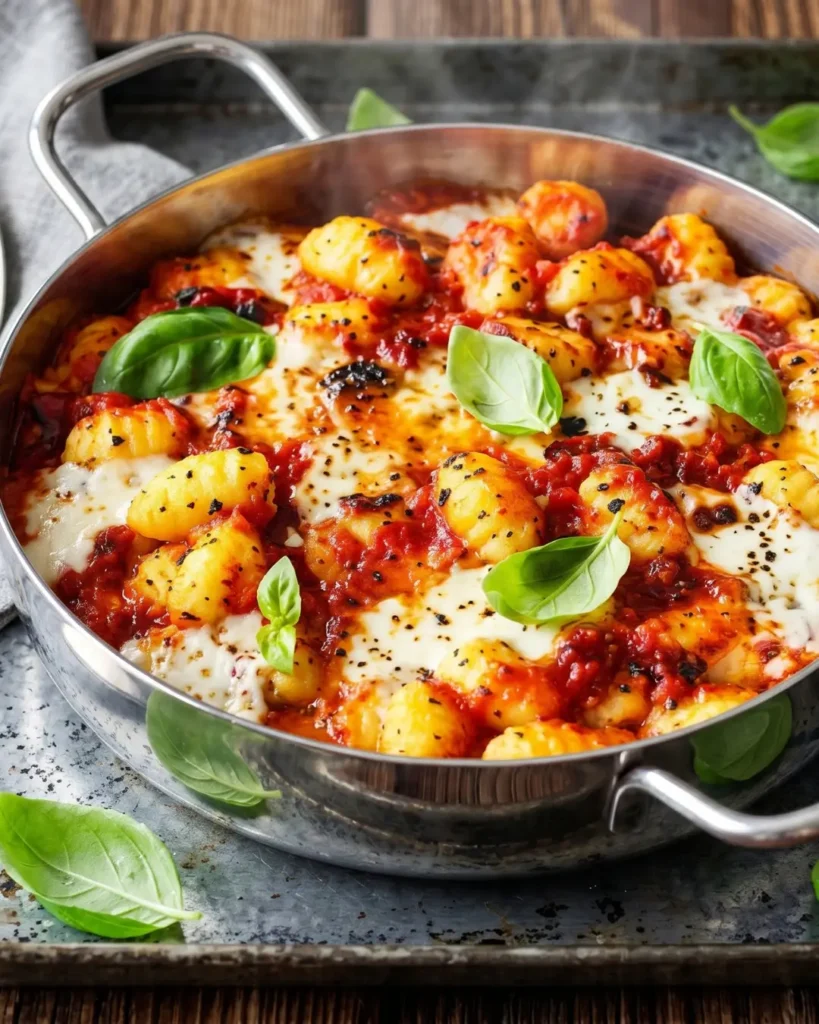 A rustic metal pan featuring a baked gnocchi recipe smothered in a rich red tomato sauce, melted mozzarella cheese, and garnished with fresh green basil leaves.