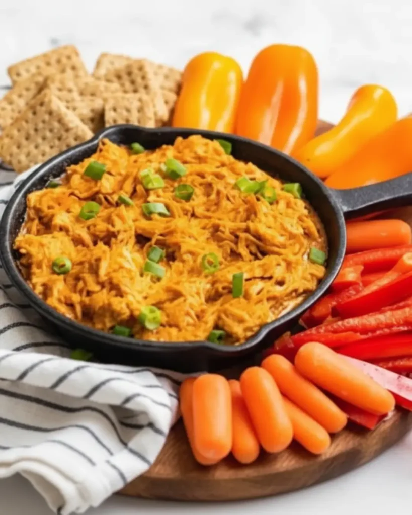 Shredded buffalo chicken dip in a small skillet surrounded by baby carrots, bell peppers, and crackers for dipping.Shredded buffalo chicken dip in a small skillet surrounded by baby carrots, bell peppers, and crackers for dipping.