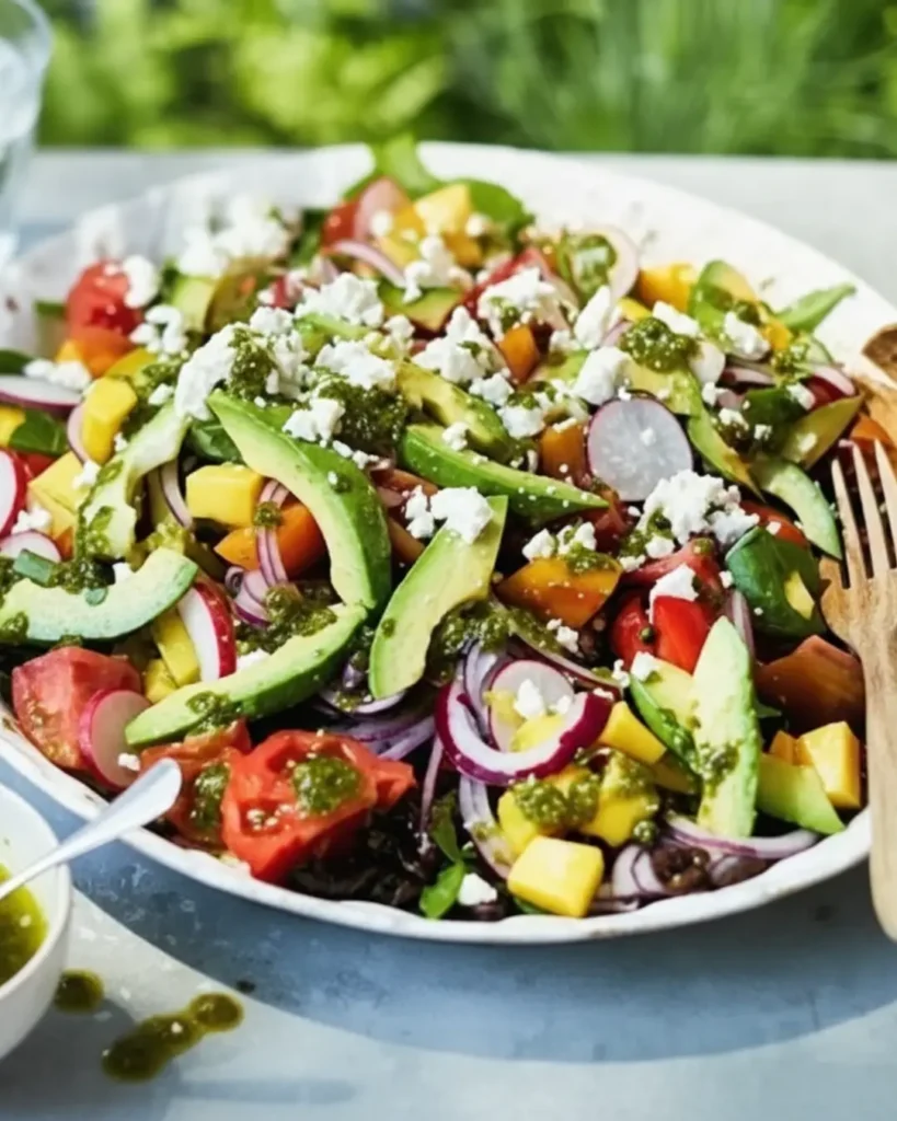 A large white bowl filled with a colorful chopped summer salad containing red and yellow cherry tomatoes, diced cucumber, sweet corn, sunflower seeds, and crumbled feta cheese.