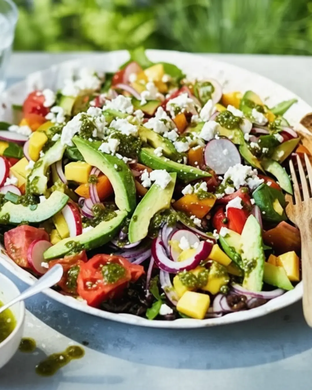 A large white bowl filled with a colorful chopped summer salad containing red and yellow cherry tomatoes, diced cucumber, sweet corn, sunflower seeds, and crumbled feta cheese.