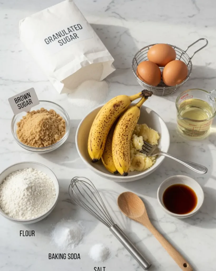 Overhead view of banana bread ingredients arranged on a marble counter, including spotted bananas, eggs, flour, and sugars.