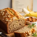 A sliced loaf of freshly baked banana and almond meal bread on a wooden board, surrounded by whole almonds, a fresh banana, and a recipe card.