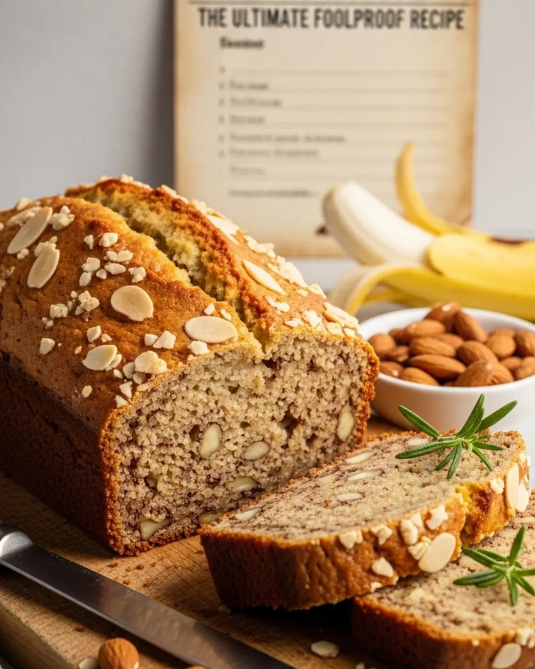 A sliced loaf of freshly baked banana and almond meal bread on a wooden board, surrounded by whole almonds, a fresh banana, and a recipe card.