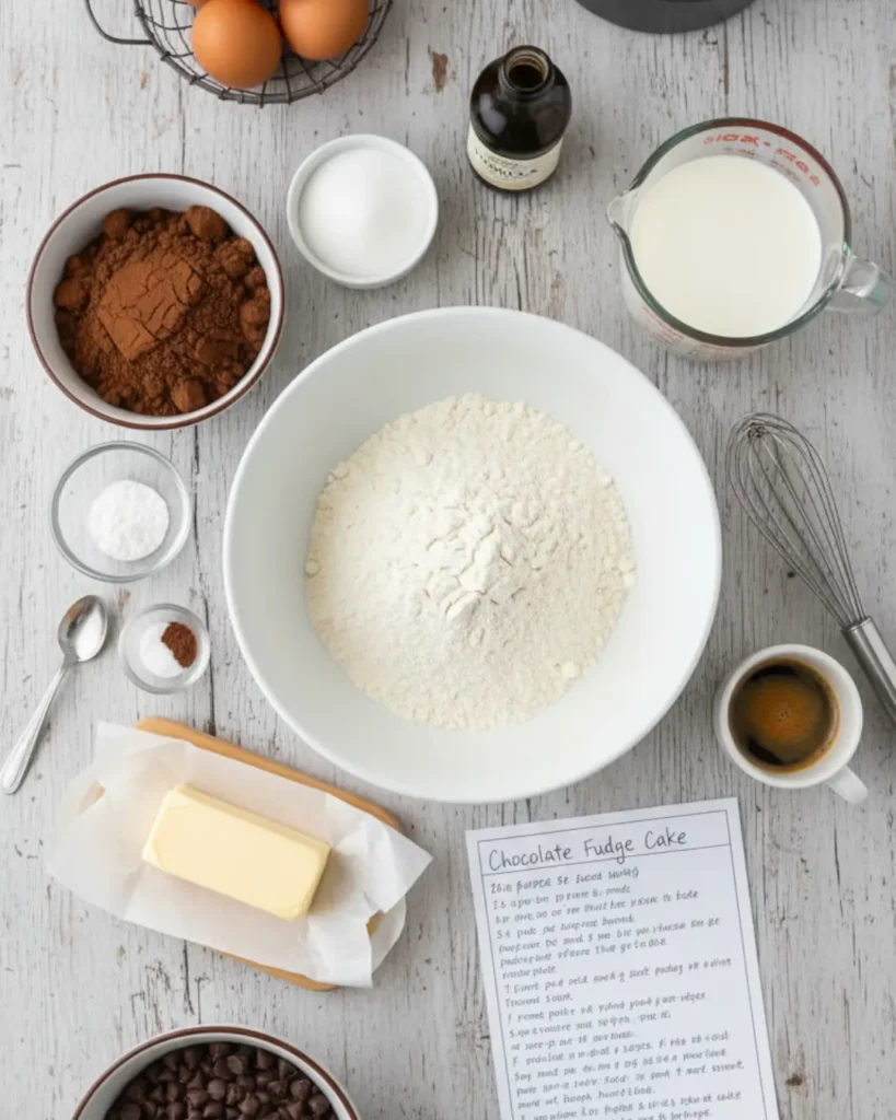 Flat lay of baking ingredients including flour, cocoa, eggs, milk, and butter laid out for the best chocolate cake recipe.
