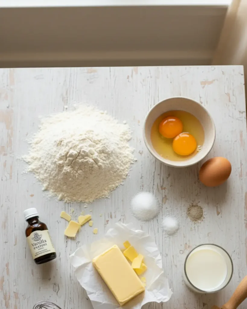 Raw baking ingredients laid out on a table to make a croissant bread loaf, including a mound of flour, eggs, butter, milk, and vanilla extract.