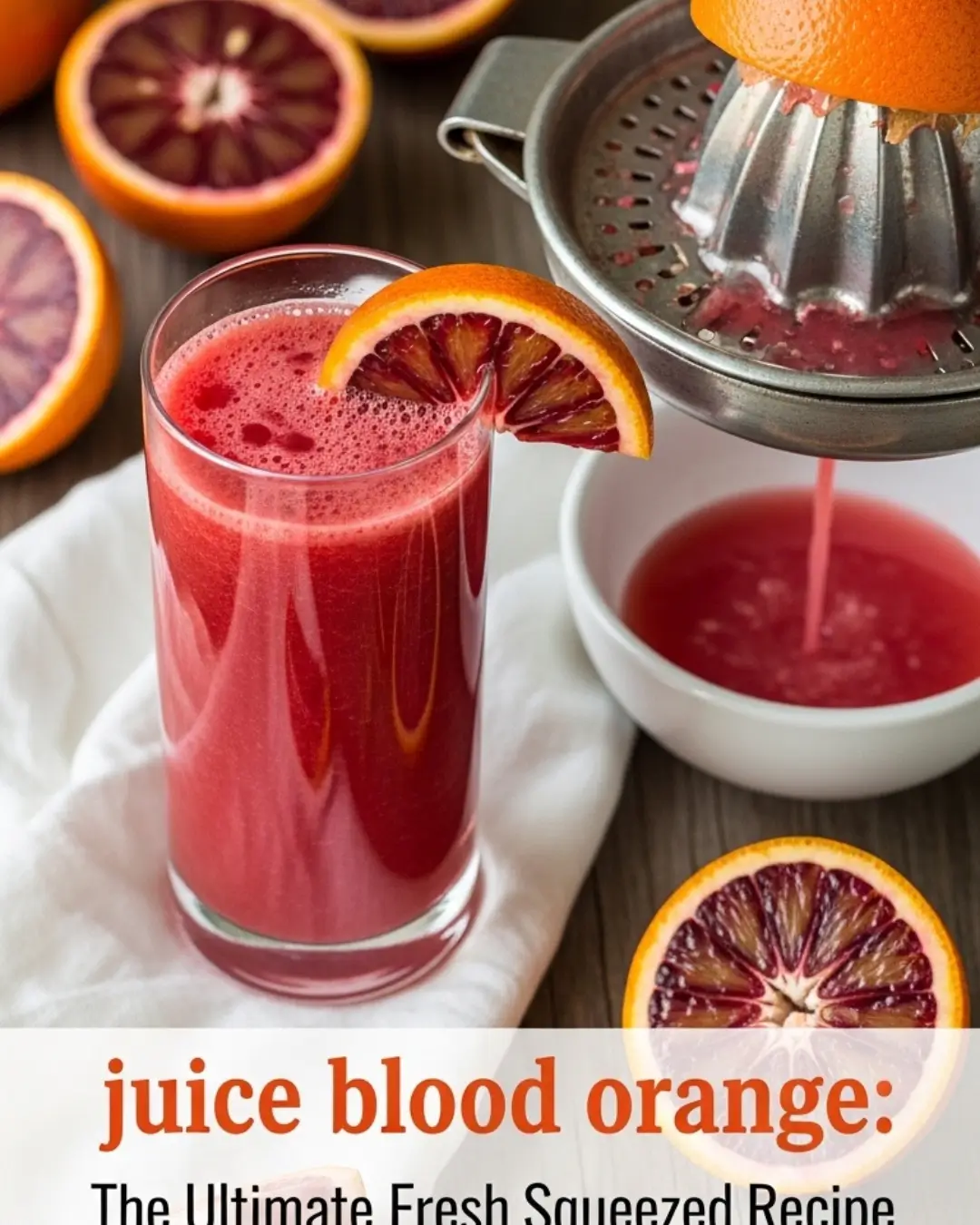 A hand using a manual juicer to squeeze fresh juice from a blood orange, next to a tall glass of the bright red juice.