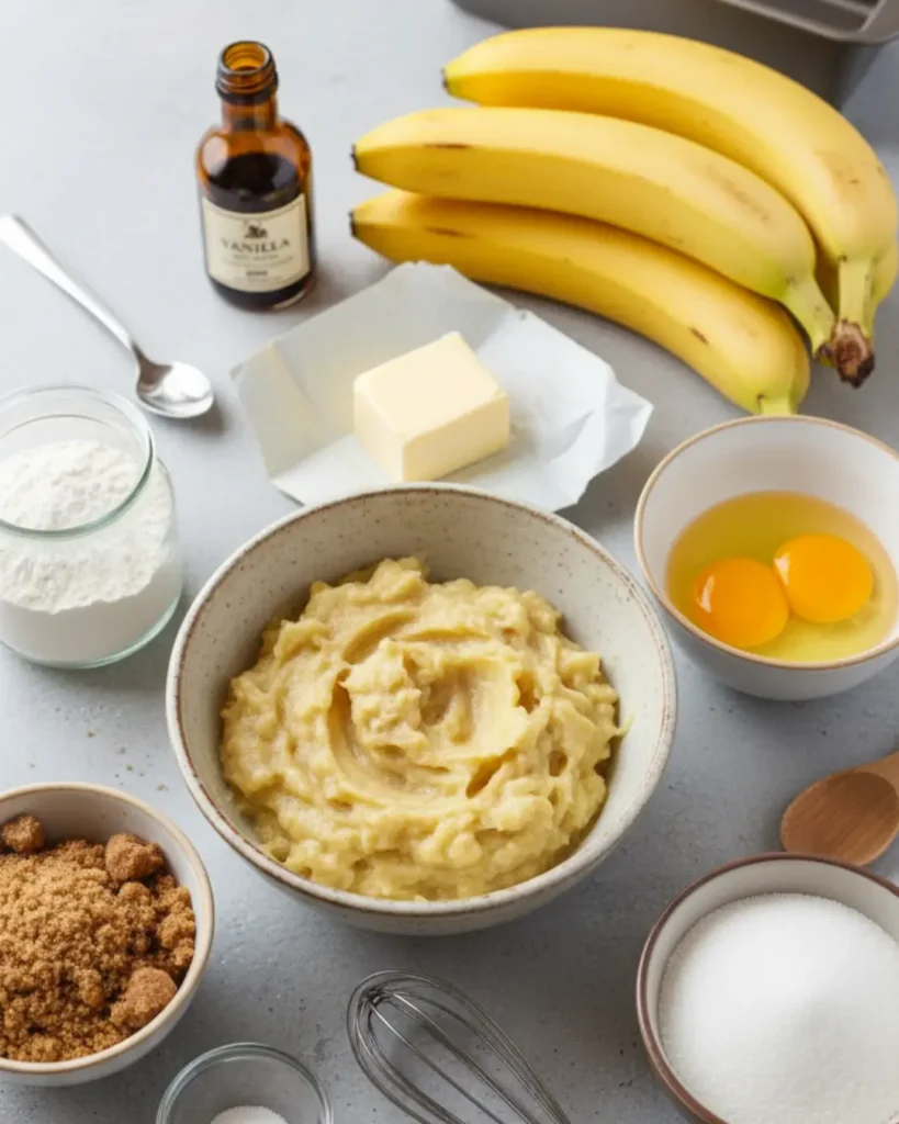 Flat lay of baking ingredients for gluten-free banana bread, including a bowl of mashed bananas, eggs, butter, sugars, and gluten-free flour.