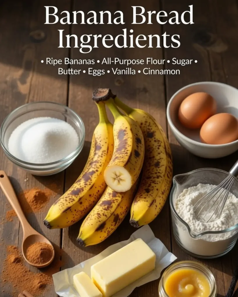 A rustic flat lay showing the ingredients for the Best Ever Banana Bread, including ripe speckled bananas, flour, sugar, butter, eggs, vanilla, and cinnamon.