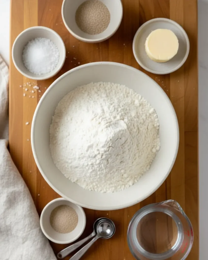 Overhead view of ingredients for easy homemade crusty artisan bread, including a large bowl of flour, yeast, salt, butter, and water.