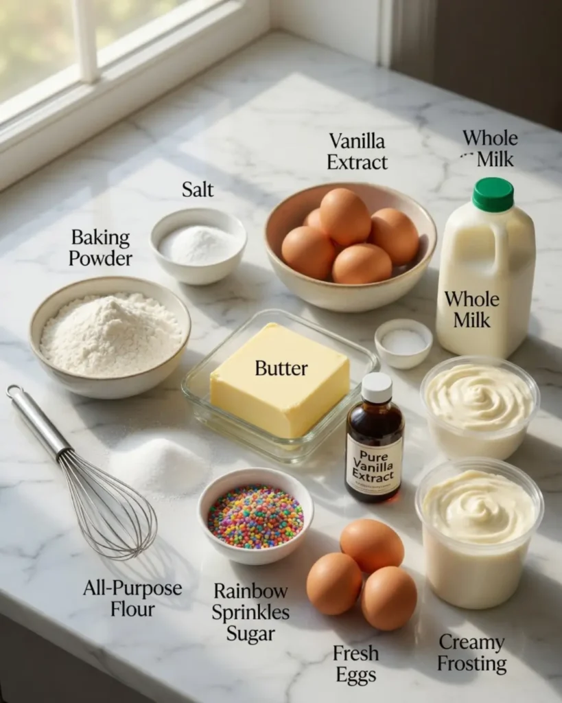 Measured baking ingredients laid out on a bright marble countertop to prepare a white cake recipe, including flour, butter, eggs, milk, sugar, vanilla, and sprinkles.