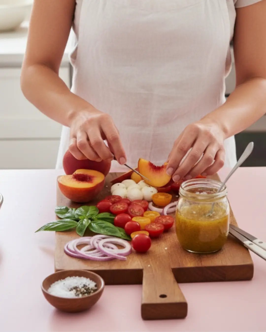 A woman in a white apron standing in a kitchen, slicing fresh peaches on a wooden board to prepare a Summer Peach Salad.