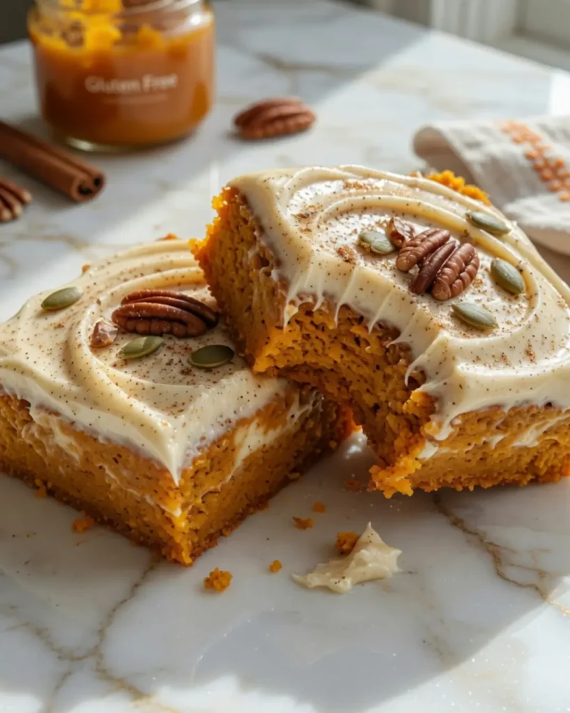 Two frosted Gluten Free Pumpkin Bars topped with pecans and pumpkin seeds resting on a marble countertop.