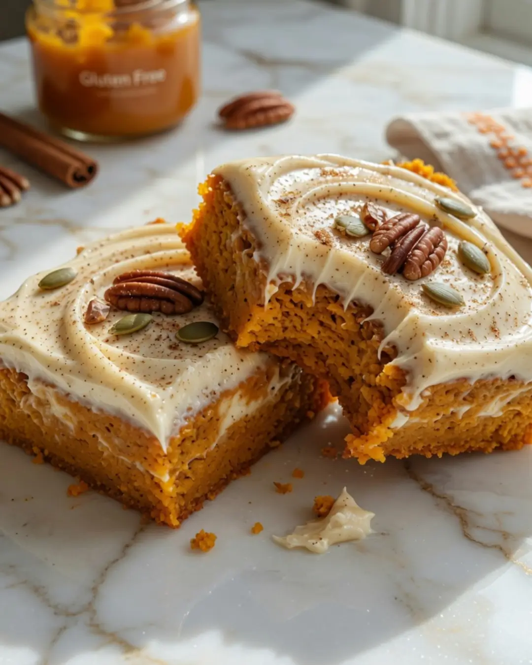 Two frosted Gluten Free Pumpkin Bars topped with pecans and pumpkin seeds resting on a marble countertop.