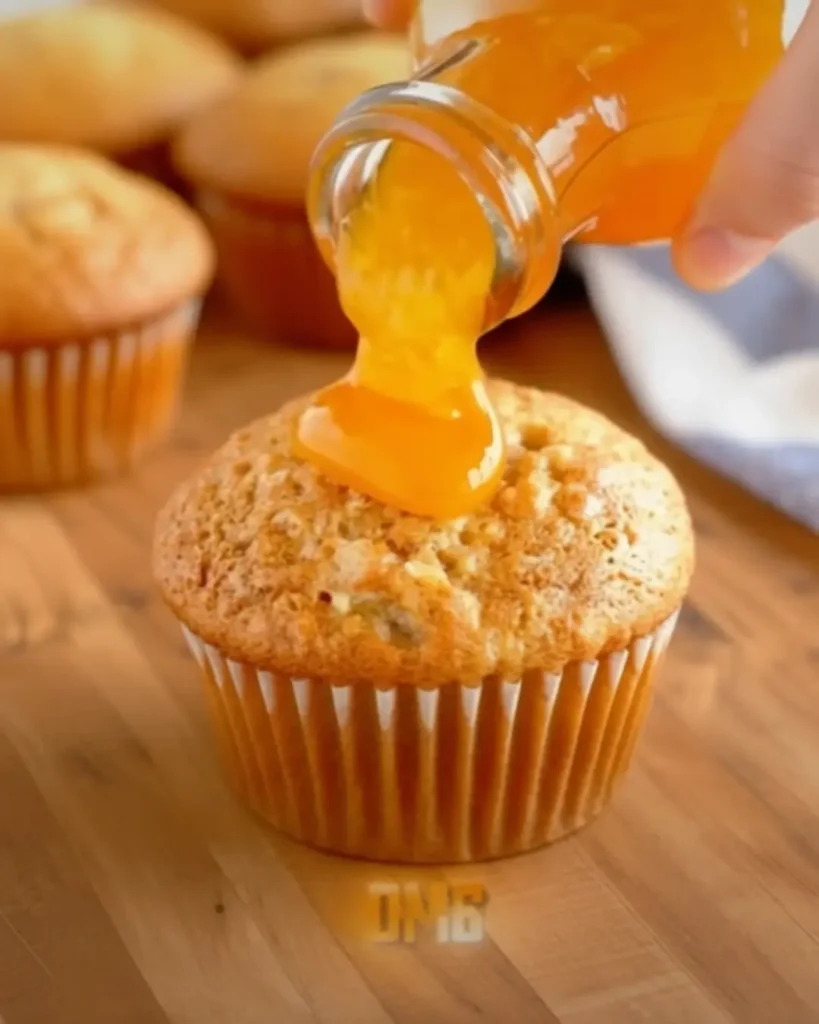 Hand pouring a thick orange glaze from a glass jar onto a freshly baked Best Ever Banana Muffin.