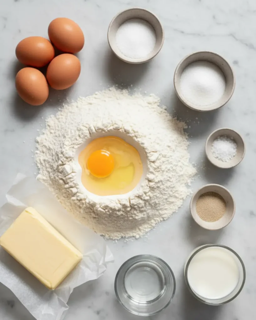 Baking ingredients, including a mound of flour with a cracked egg, a block of butter, yeast, sugar, salt, milk, and whole eggs, laid out to make homemade croissant bread.