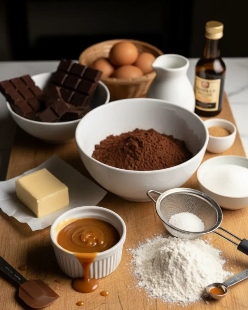 Baking ingredients for a 6-layer Caramel Brownie arranged on a wooden cutting board, including a bowl of cocoa powder, a stick of butter, chocolate chunks, flour, sugar, eggs, and a small ramekin of dripping caramel sauce.