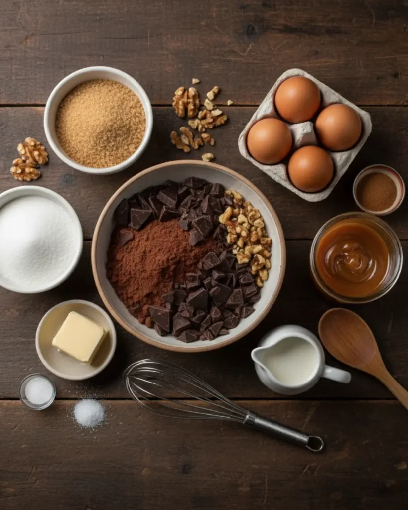 Flat lay of raw baking ingredients for caramel brownies, including chocolate chunks, cocoa powder, sugar, eggs, and a jar of caramel on a wooden table.