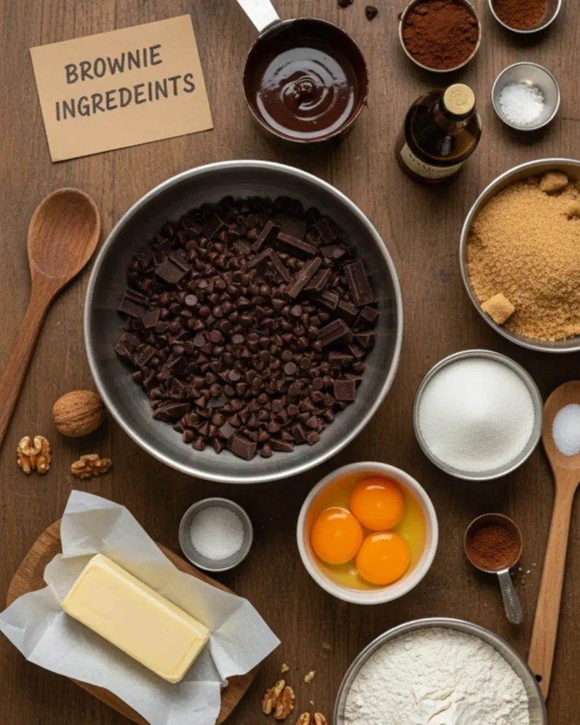 Overhead view of raw baking ingredients laid out on a wooden table to make homemade janespatisserie brownies.