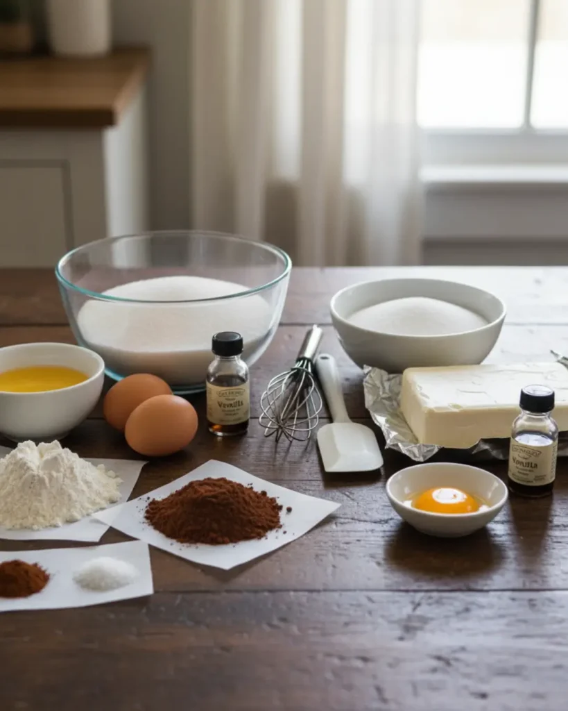 Raw baking ingredients including flour, cocoa powder, sugar, eggs, and cream cheese laid out on a wooden table to make Easy Mini Cheesecake Brownies.