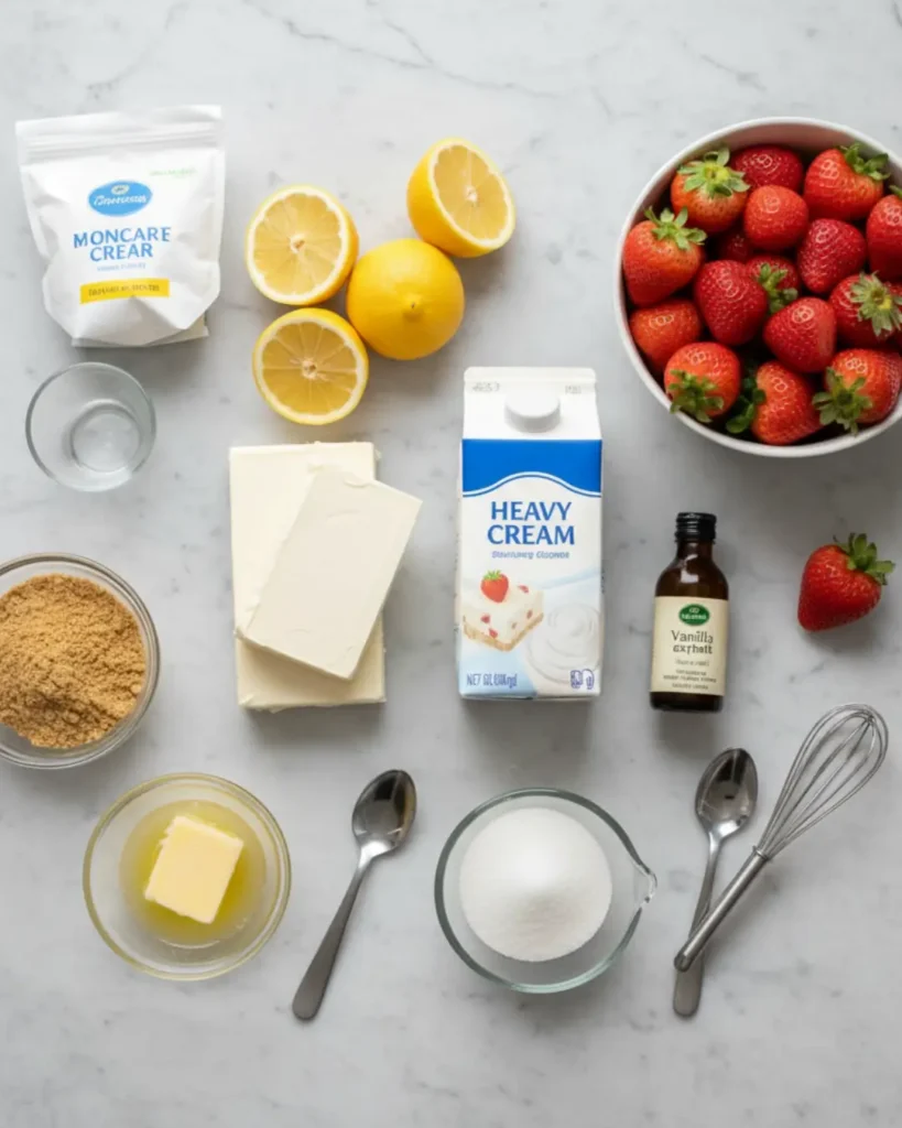 Flat lay of raw ingredients needed to make Strawberries and Cream No-Bake Cheesecake Bars, including fresh strawberries, heavy cream, cream cheese, and graham cracker crumbs.
