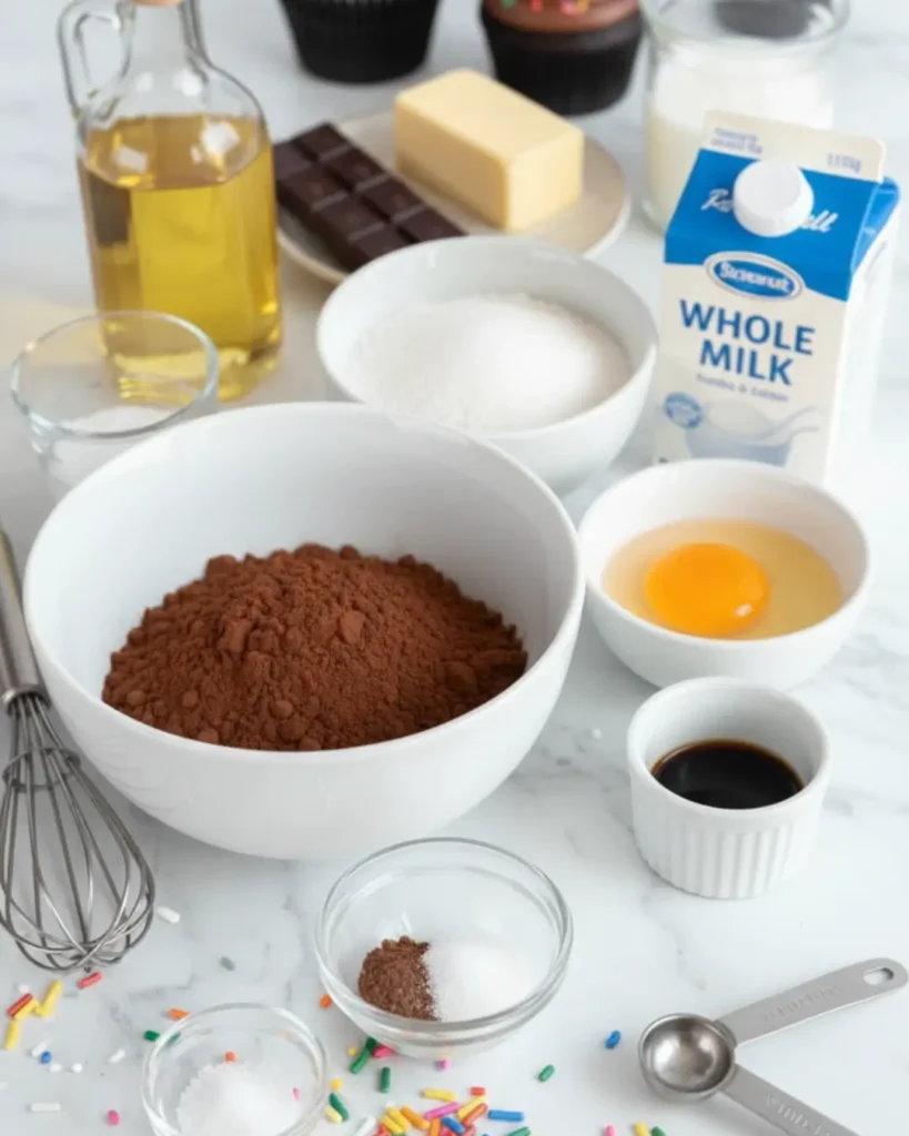 Measured baking ingredients including cocoa powder, sugar, an egg, milk, and oil arranged on a marble counter to bake a gluten free chocolate cake.