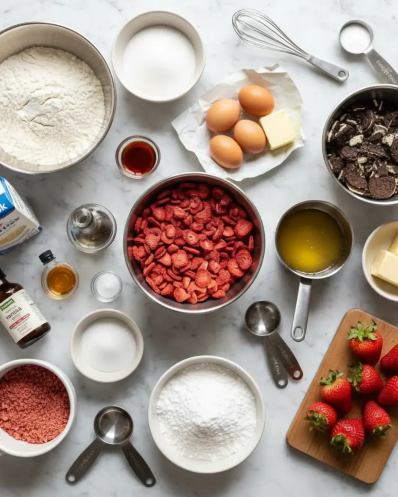 Measured ingredients laid out on a marble counter to prepare a No Bake Strawberry Crunch Cheesecake.