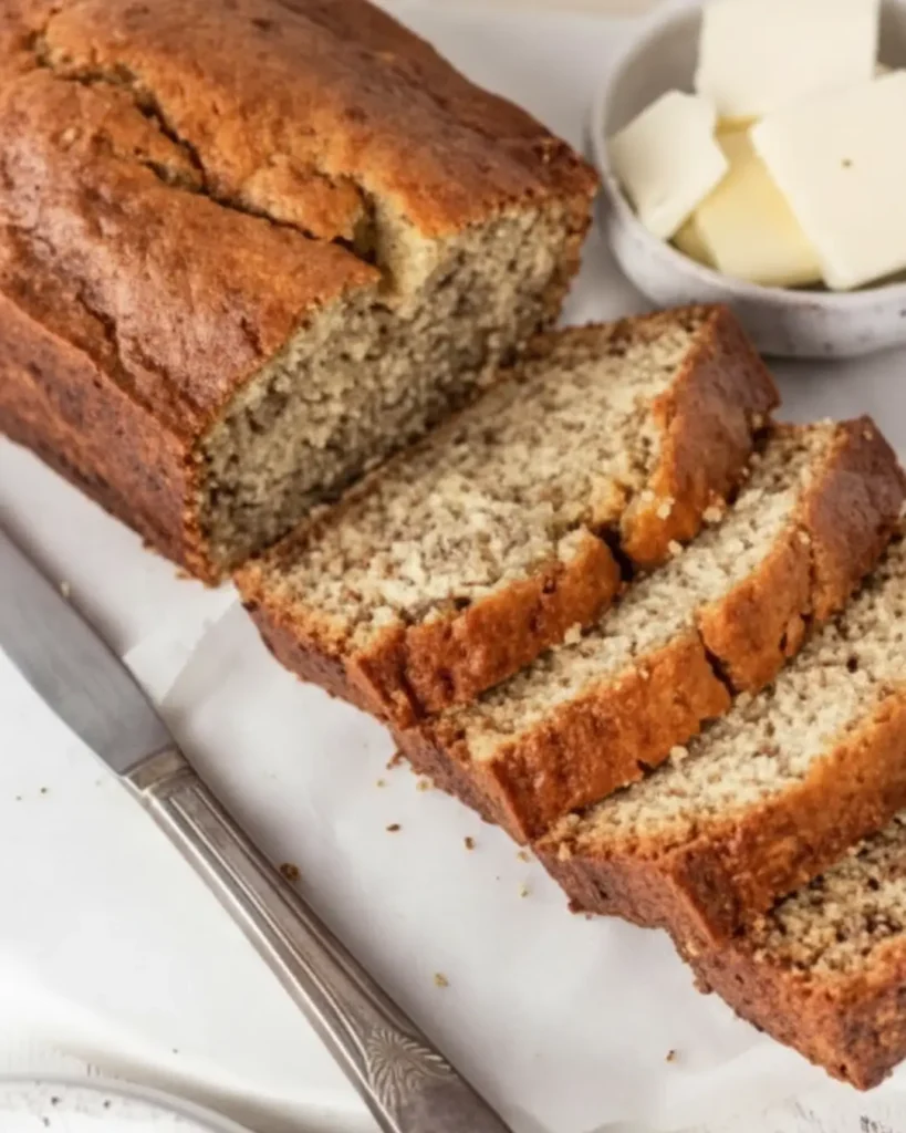 A partially sliced loaf of warm gluten-free banana bread resting on parchment paper next to a silver knife and a small bowl of butter.