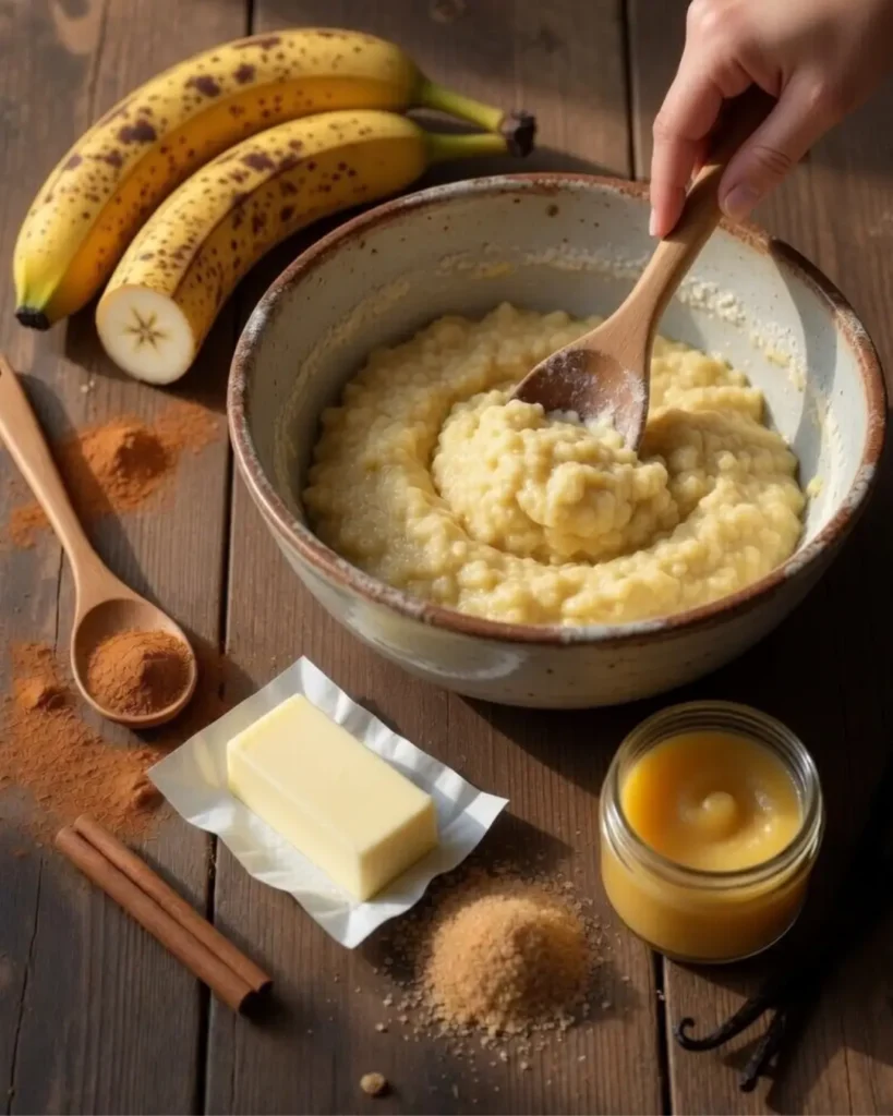 A hand stirring wet banana bread batter in a rustic ceramic bowl with a wooden spoon, surrounded by bananas, butter, and spices.