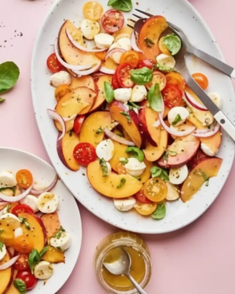 A finished Summer Peach Salad served on a white oval platter, featuring sliced peaches, tomatoes, mozzarella, red onions, and basil.