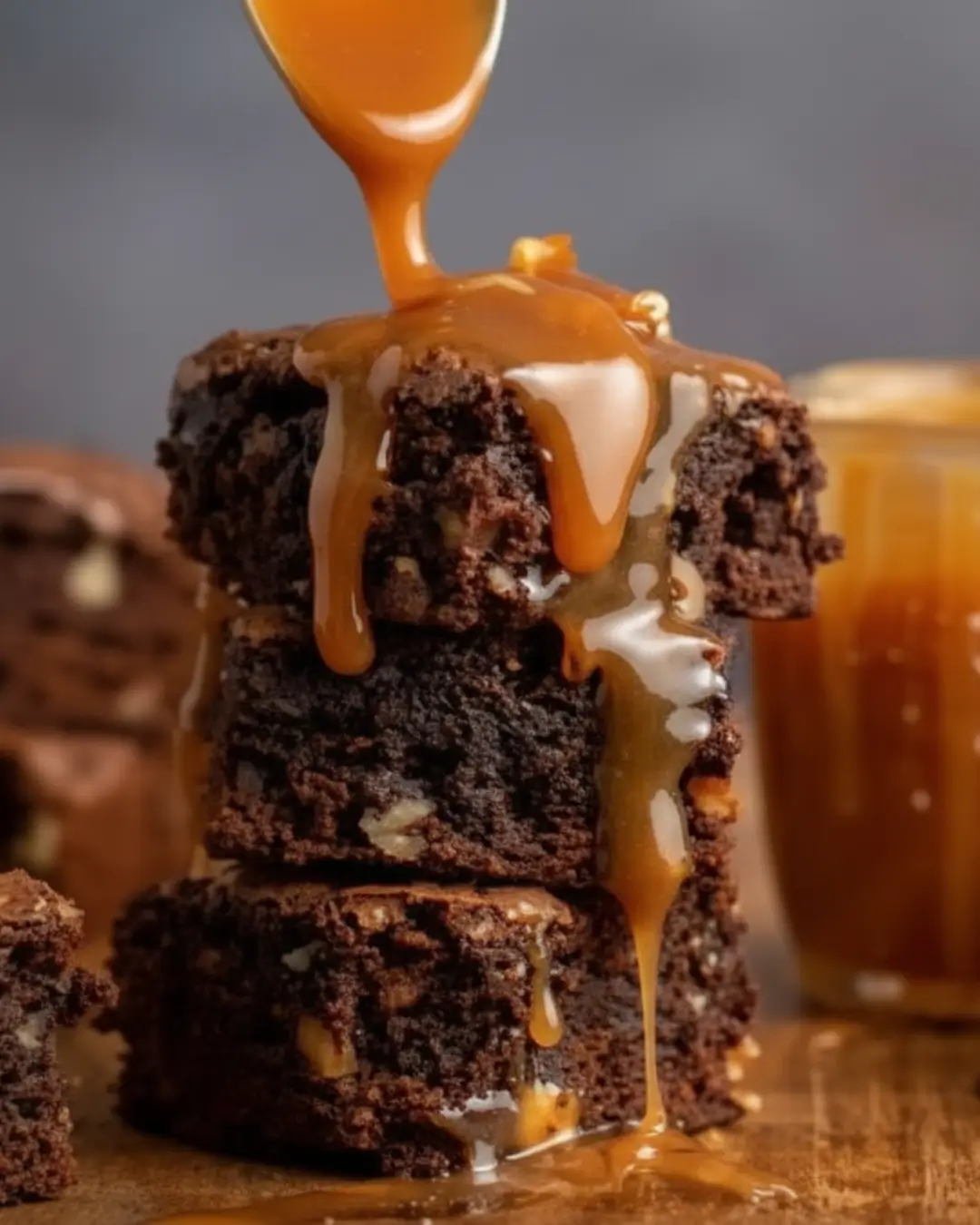 Close up of thick caramel brownies cut in half, revealing chocolate layers and gooey liquid caramel oozing from the center.