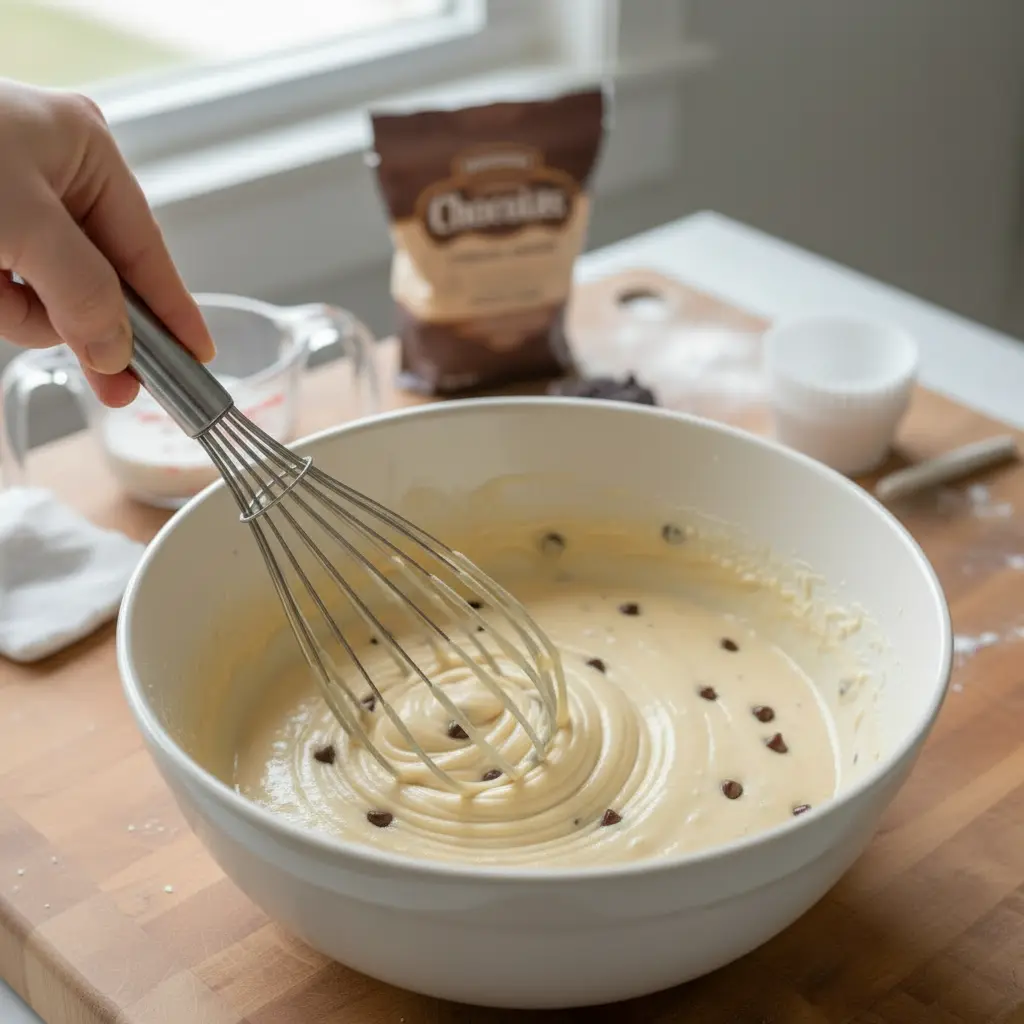 Step-by-step process of making Chocolate Chip Muffins showing thick batter consistency