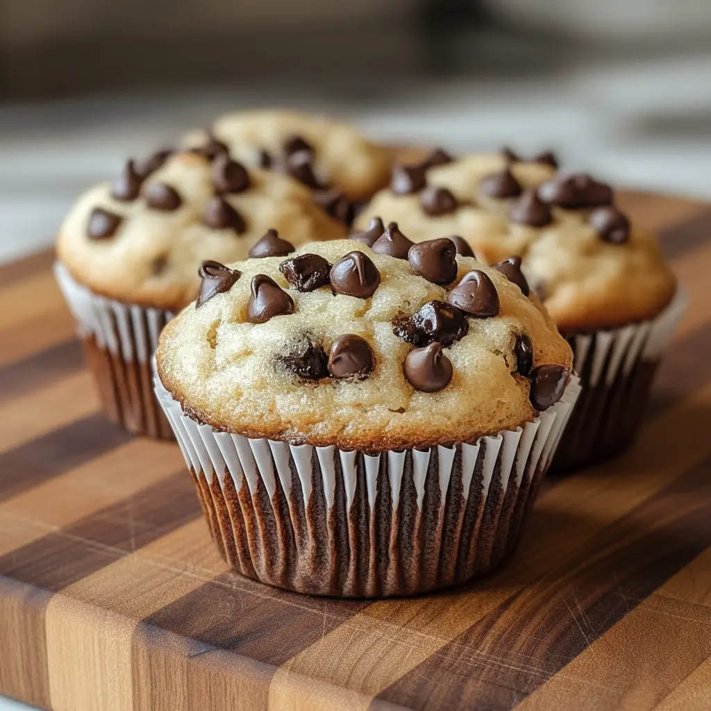 Chocolate Chip Muffins served on a marble board with fresh garnish