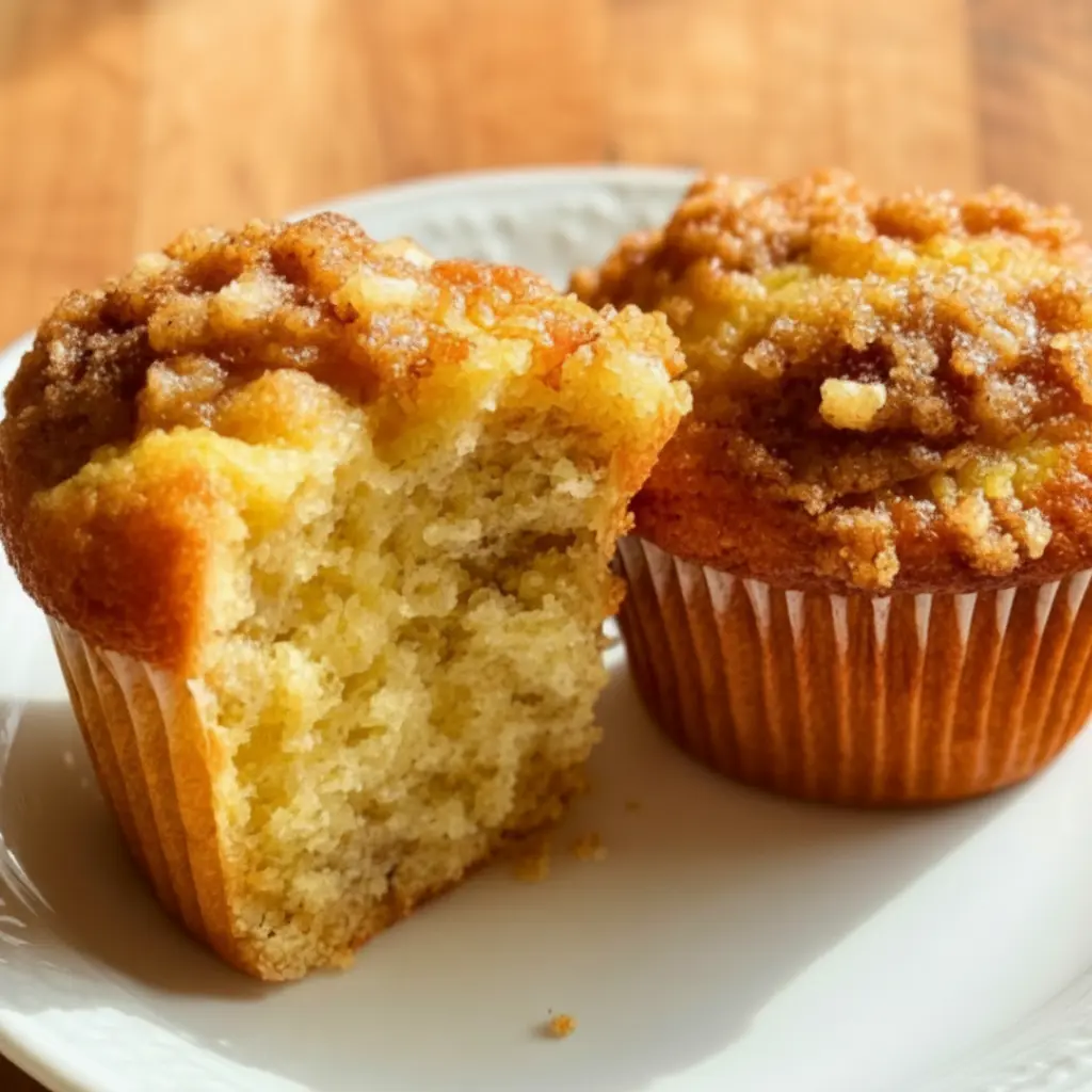 A stack of freshly baked coffee cake banana bread muffins with a thick cinnamon crumb topping on a wire cooling rack.