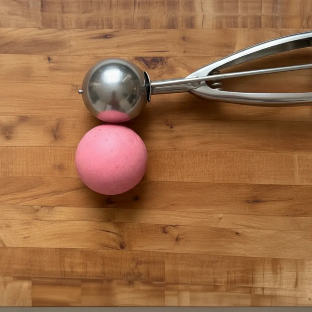 Step-by-step process of making Strawberry Cake Mix Cookies showing rolling dough in powdered sugar