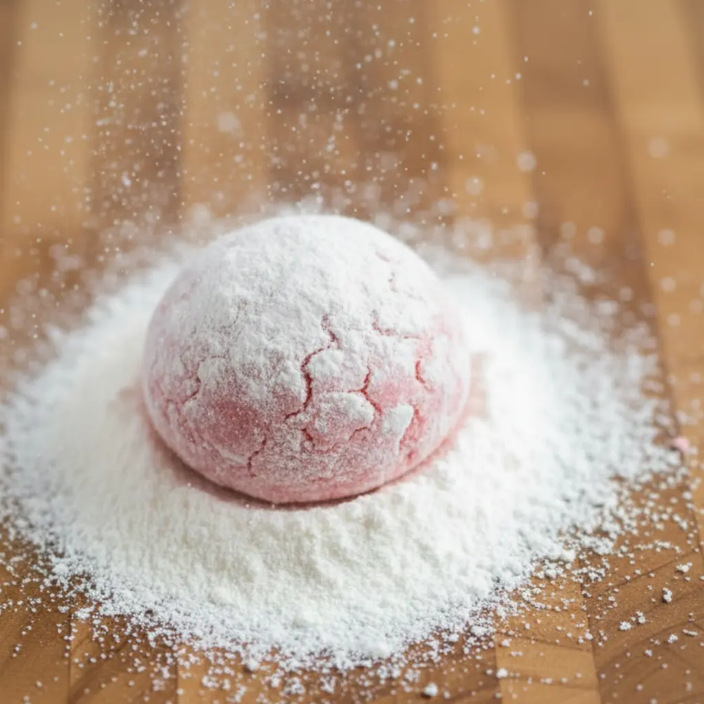 Close-up of Strawberry Cake Mix Cookies showing the crinkled texture detail