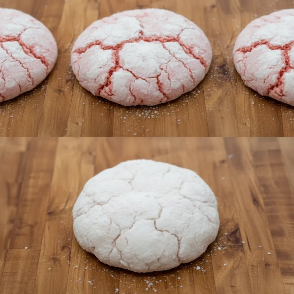 Step-by-step process of making Strawberry Cake Mix Cookies showing rolling dough in powdered sugar