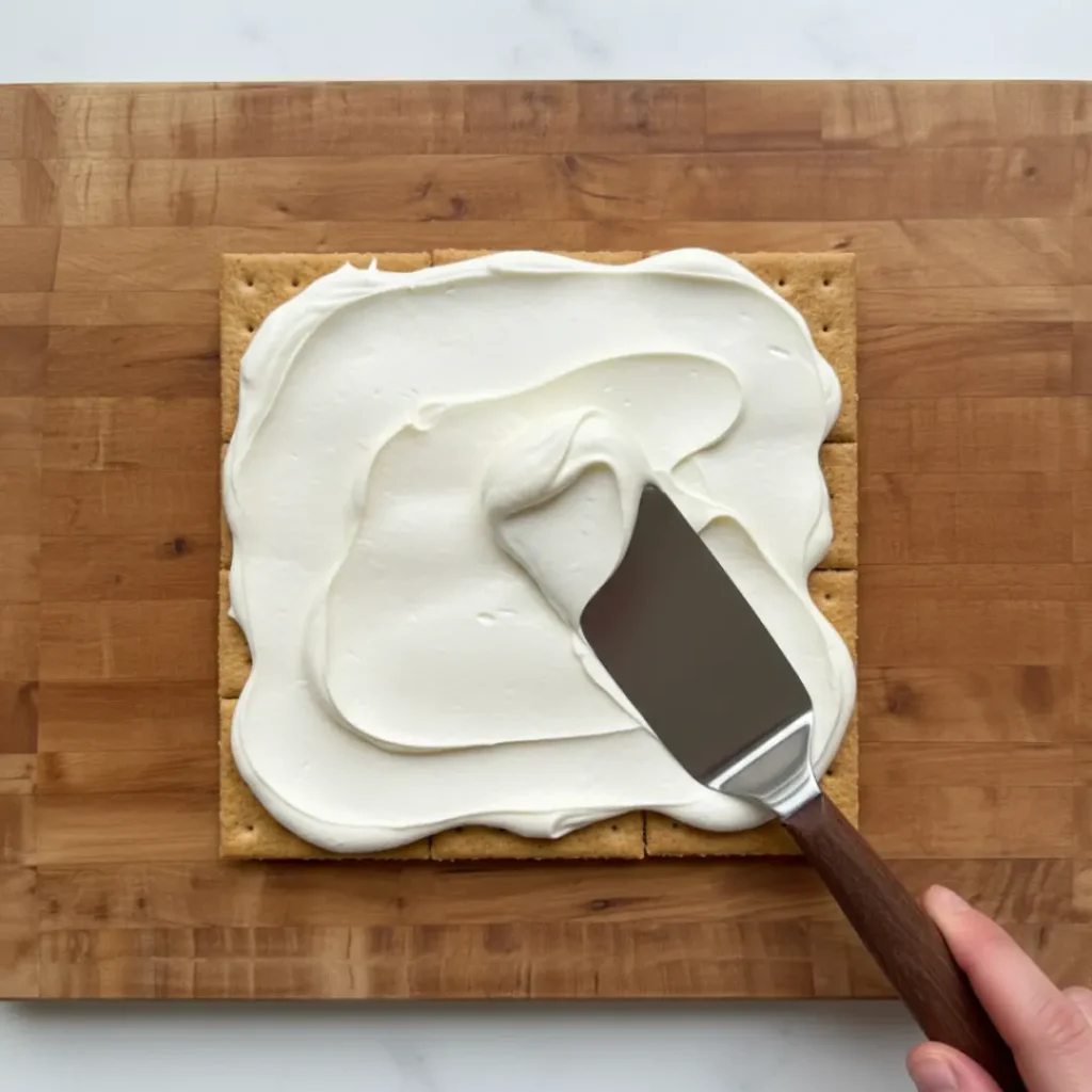 Close-up of Strawberry Cheesecake Icebox Cake showing softened graham cracker layers and fresh fruit