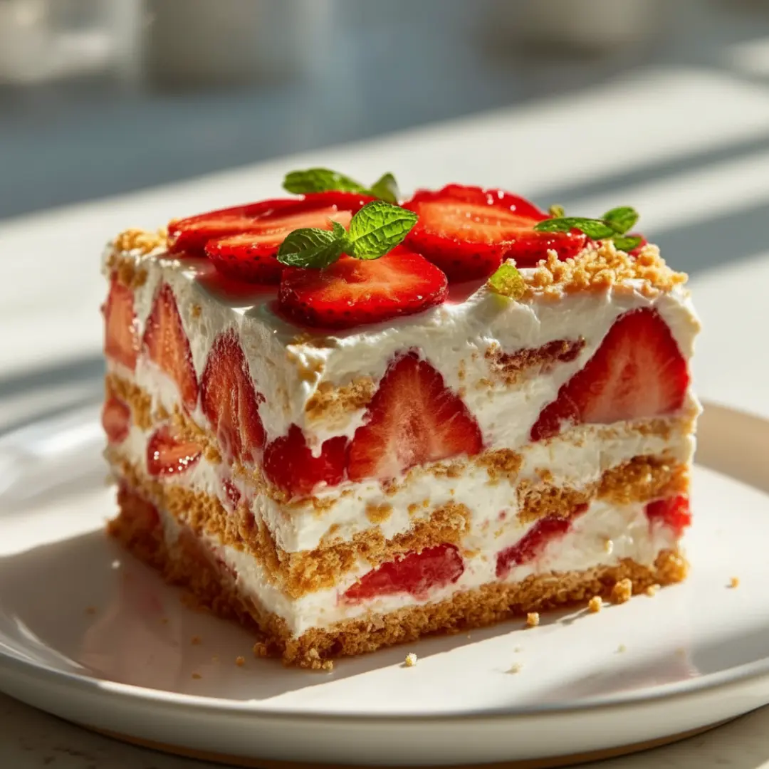 Strawberry Cheesecake Icebox Cake served on a marble board with fresh mint garnish
